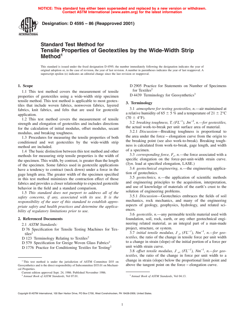 ASTM D4595-86(2001) - Standard Test Method for Tensile Properties of Geotextiles by the Wide-Width Strip Method