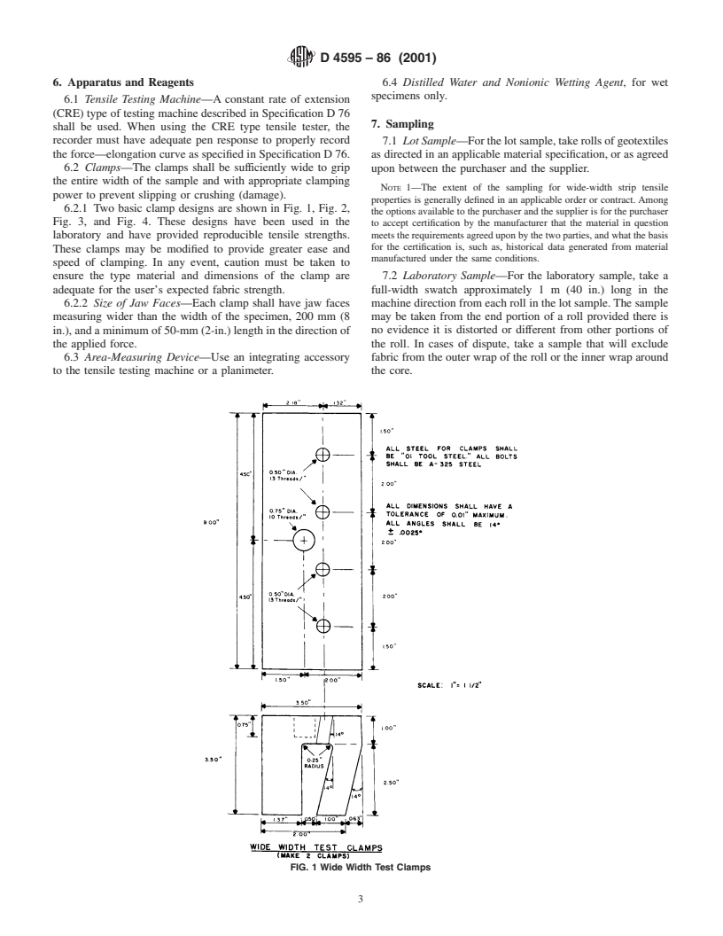 ASTM D4595-86(2001) - Standard Test Method for Tensile Properties of Geotextiles by the Wide-Width Strip Method