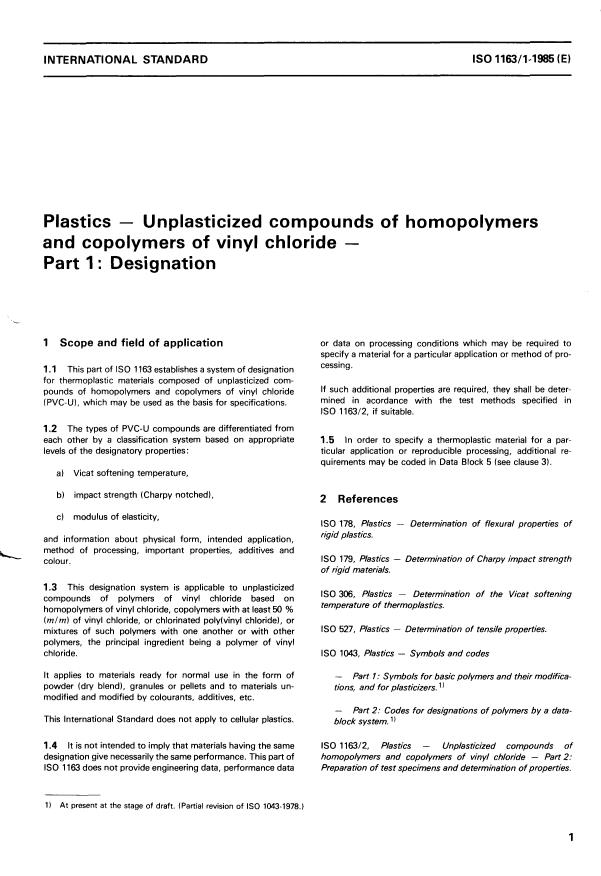 ISO 1163-1:1985 - Plastics -- Unplasticized compounds of homopolymers and copolymers of vinyl chloride