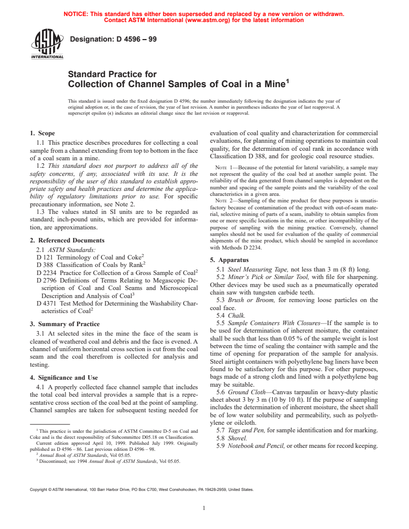 ASTM D4596-99 - Standard Practice for Collection of Channel Samples of Coal in a Mine