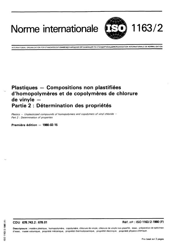 ISO 1163-2:1980 - Plastiques -- Compositions non plastifiées d'homopolymeres et de copolymeres de chlorure de vinyle