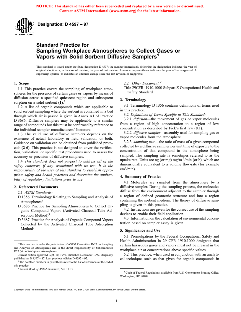 ASTM D4597-97 - Standard Practice for Sampling Workplace Atmospheres to Collect Gases or Vapors with Solid Sorbent Diffusive Samplers