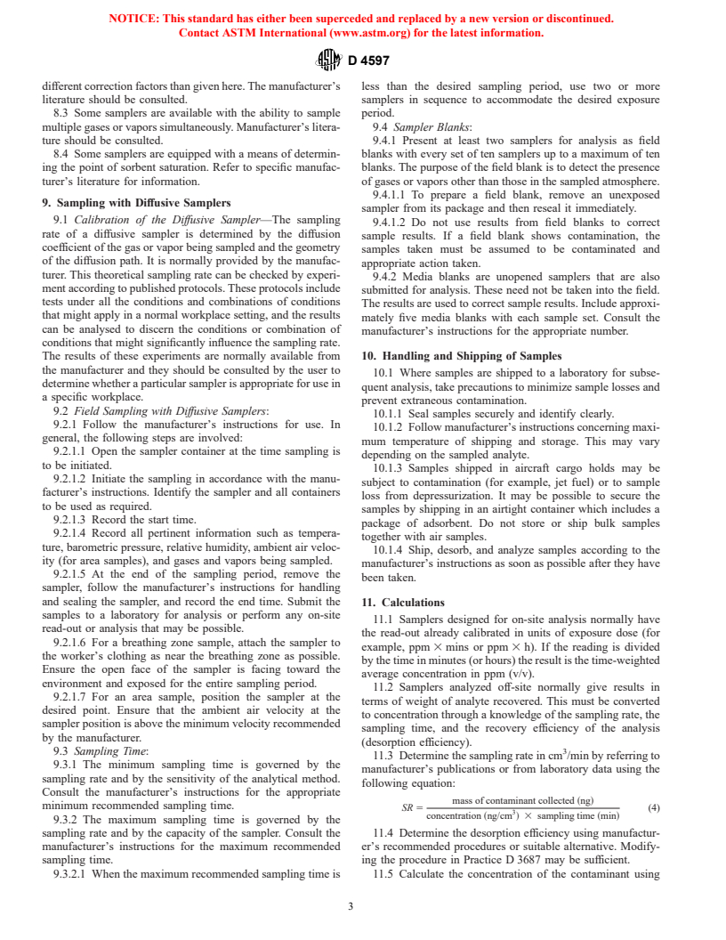 ASTM D4597-97 - Standard Practice for Sampling Workplace Atmospheres to Collect Gases or Vapors with Solid Sorbent Diffusive Samplers