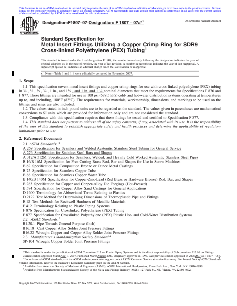 REDLINE ASTM F1807-07ae1 - Standard Specification for Metal Insert Fittings Utilizing a Copper Crimp Ring for SDR9 Cross-linked Polyethylene (PEX) Tubing