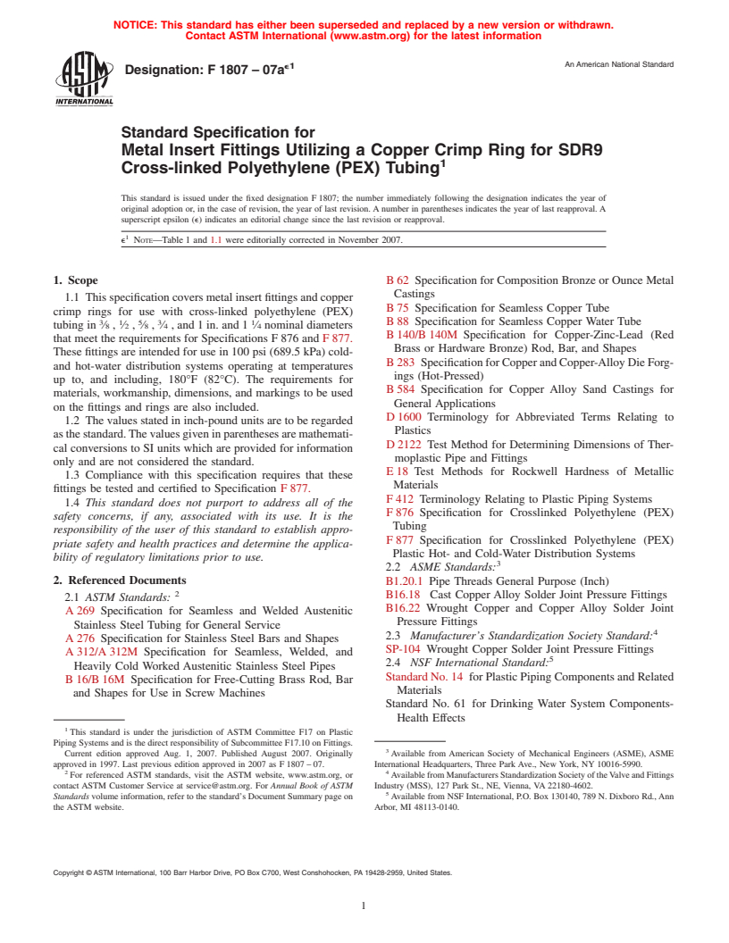 ASTM F1807-07ae1 - Standard Specification for Metal Insert Fittings Utilizing a Copper Crimp Ring for SDR9 Cross-linked Polyethylene (PEX) Tubing