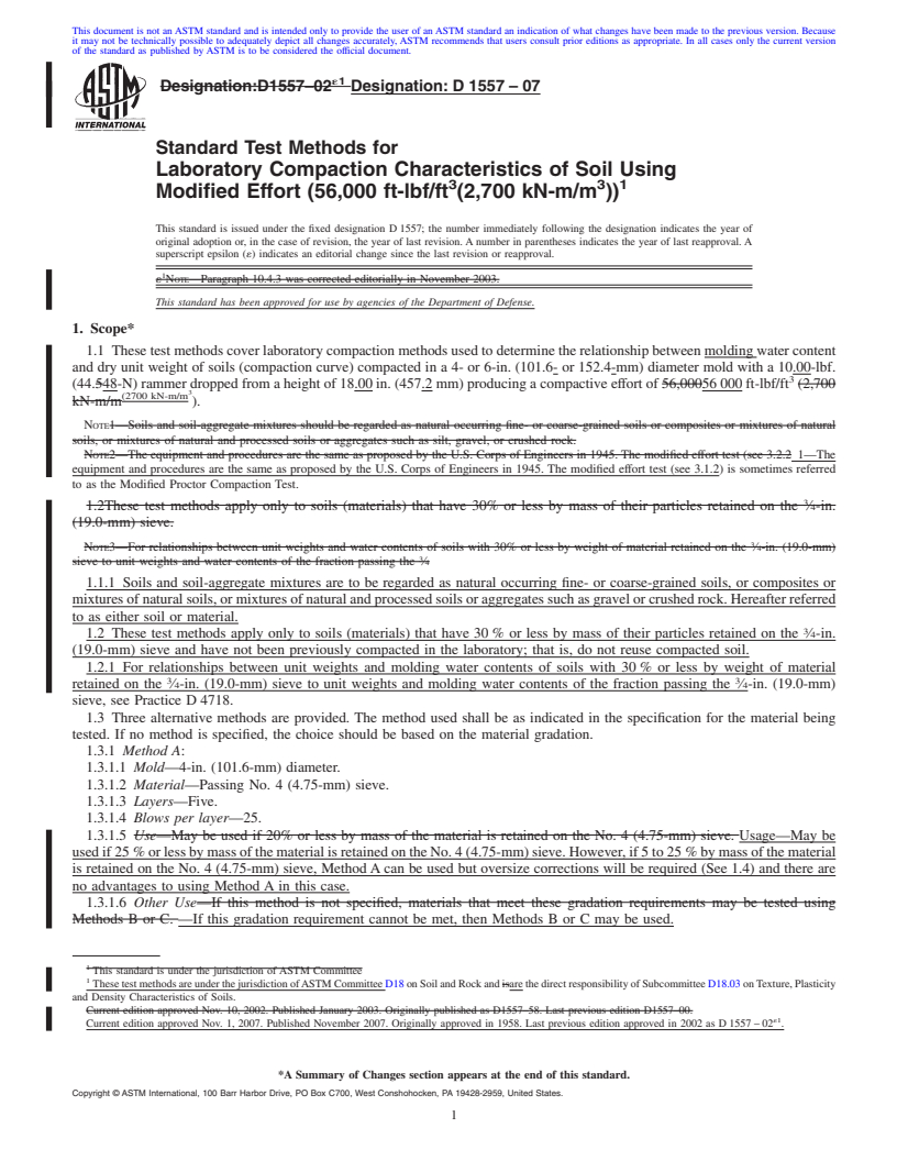 REDLINE ASTM D1557-07 - Standard Test Methods for Laboratory Compaction Characteristics of Soil Using Modified Effort (56,000 ft-lbf/ft<sup>3</sup> (2,700 kN-m/m<sup>3</sup>))