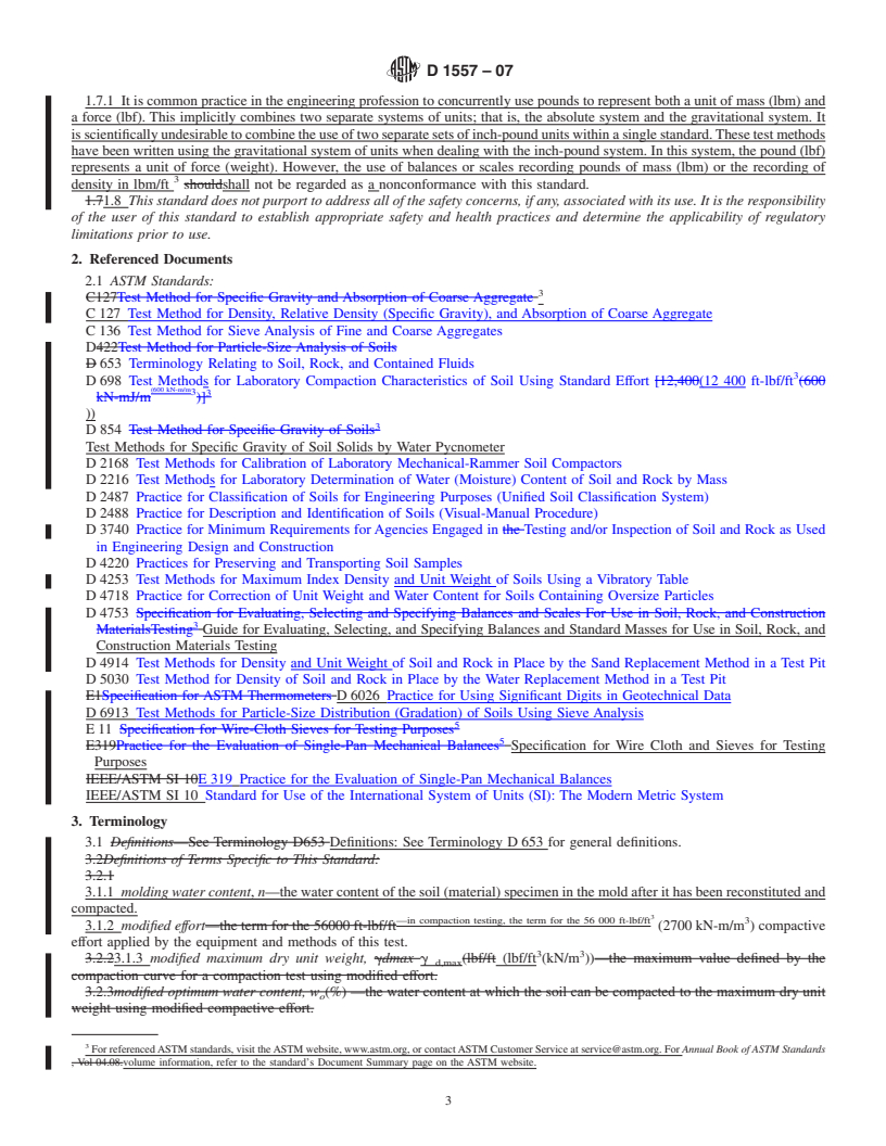 REDLINE ASTM D1557-07 - Standard Test Methods for Laboratory Compaction Characteristics of Soil Using Modified Effort (56,000 ft-lbf/ft<sup>3</sup> (2,700 kN-m/m<sup>3</sup>))