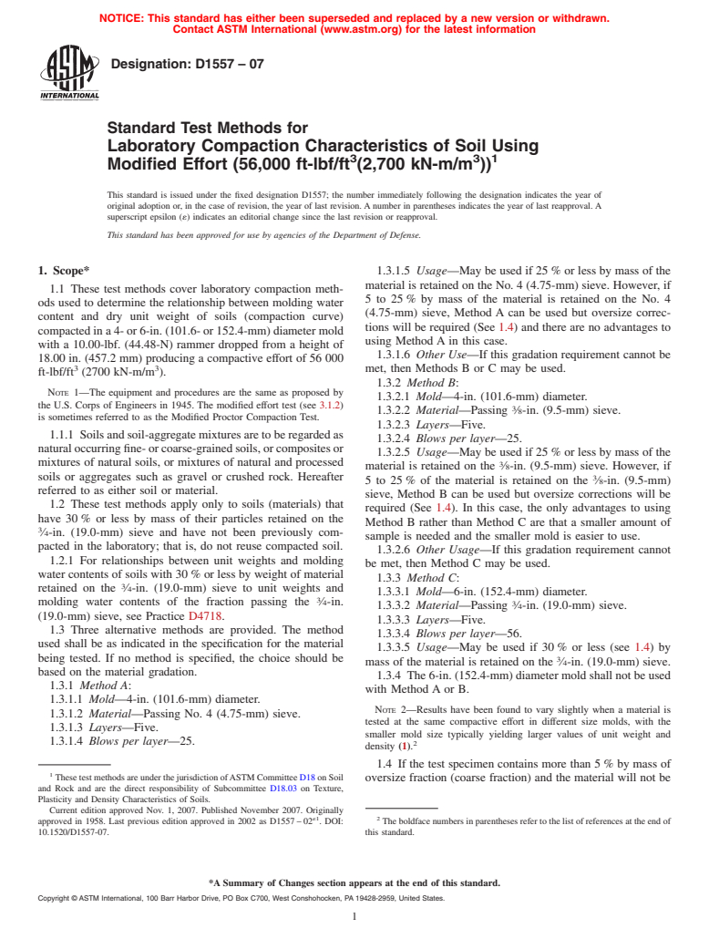 ASTM D1557-07 - Standard Test Methods for Laboratory Compaction Characteristics of Soil Using Modified Effort (56,000 ft-lbf/ft<sup>3</sup> (2,700 kN-m/m<sup>3</sup>))