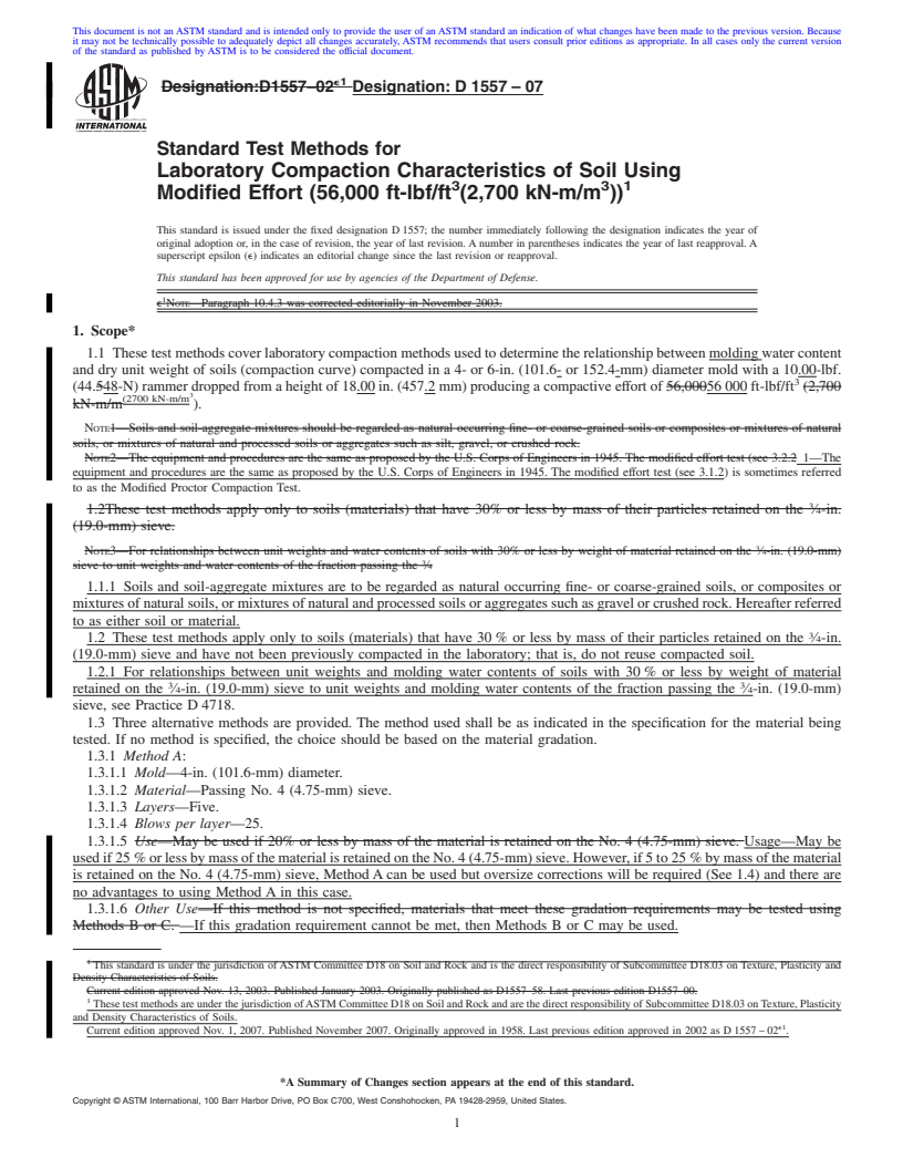 REDLINE ASTM D1557-07 - Standard Test Methods for Laboratory Compaction Characteristics of Soil Using Modified Effort (56,000 ft-lbf/ft<sup>3</sup> (2,700 kN-m/m<sup>3</sup>))