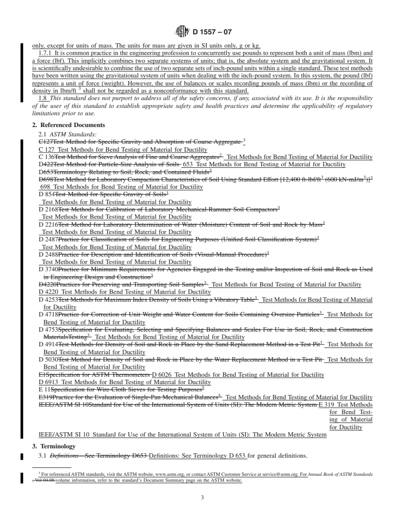 REDLINE ASTM D1557-07 - Standard Test Methods for Laboratory Compaction Characteristics of Soil Using Modified Effort (56,000 ft-lbf/ft<sup>3</sup> (2,700 kN-m/m<sup>3</sup>))