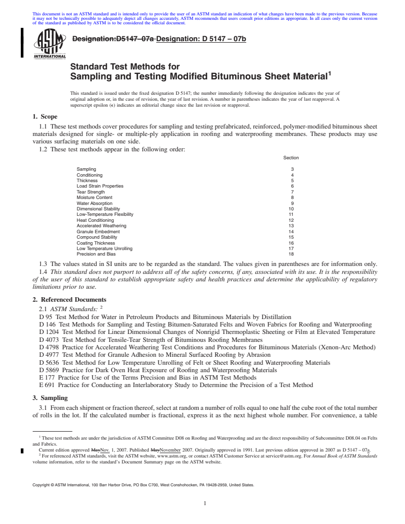 REDLINE ASTM D5147-07b - Standard Test Methods for Sampling and Testing Modified Bituminous Sheet Material