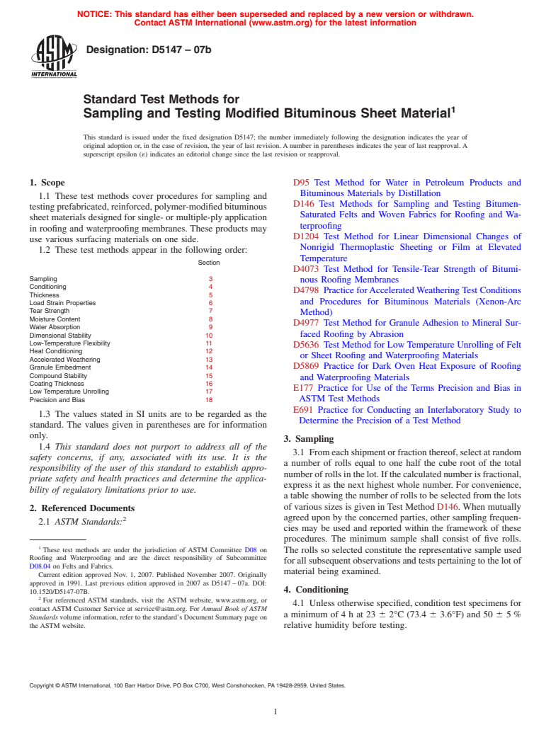 ASTM D5147-07b - Standard Test Methods for Sampling and Testing Modified Bituminous Sheet Material