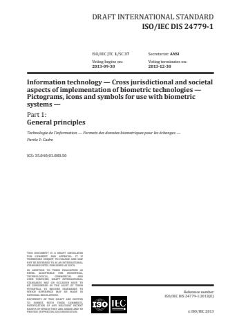 ISO/IEC 24779-1:2016 - Information technology -- Cross-jurisdictional and societal aspects of implementation of biometric technologies -- Pictograms, icons and symbols for use with biometric systems
