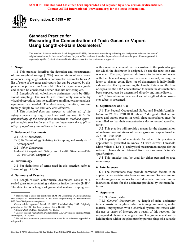 ASTM D4599-97 - Standard Practice for Measuring the Concentration of Toxic Gases or Vapors Using Length-of-Stain Dosimeters