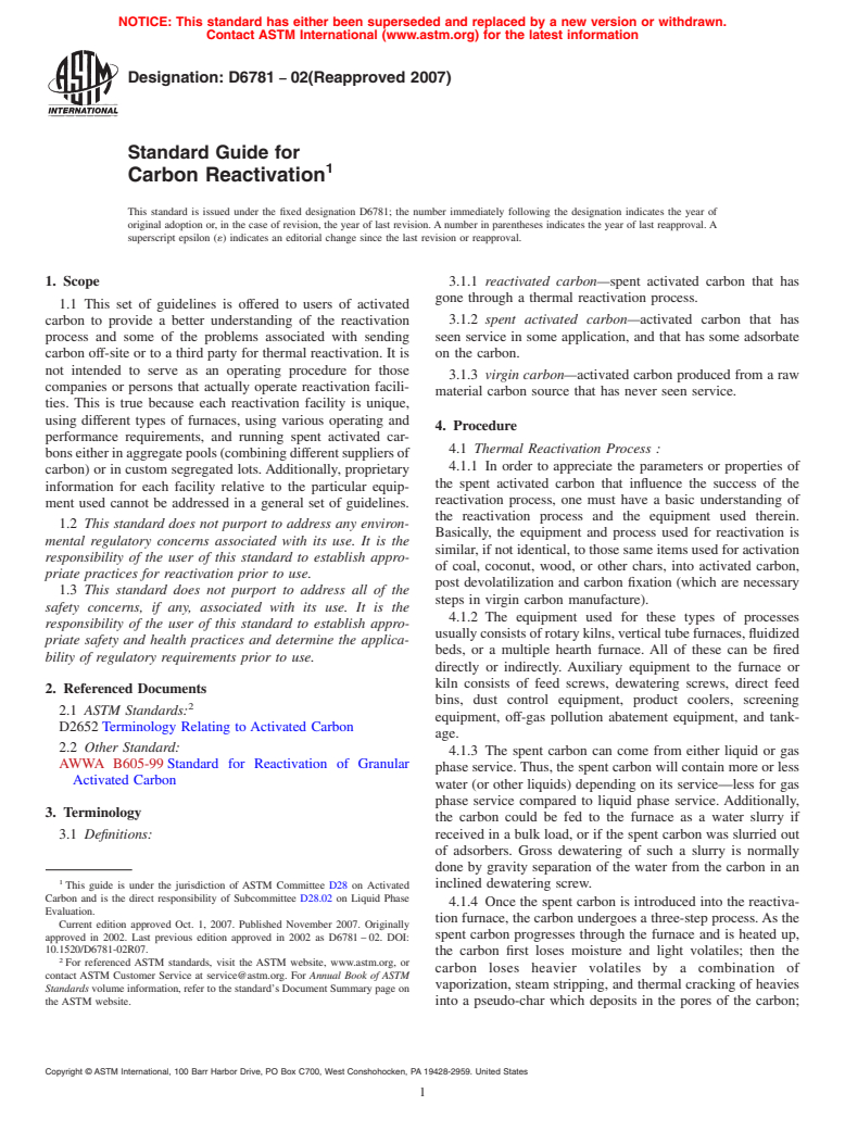 ASTM D6781-02(2007) - Standard Guide for Carbon Reactivation