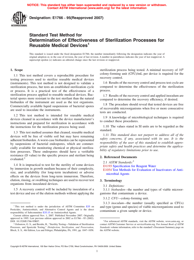 ASTM E1766-95(2007) - Standard Test Method for Determination of Effectiveness of Sterilization Processes for Reusable Medical Devices