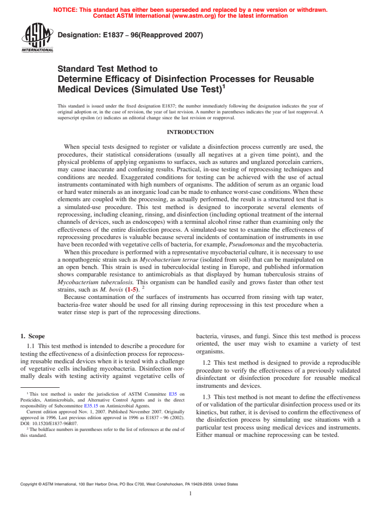 ASTM E1837-96(2007) - Standard Test Method to Determine Efficacy of Disinfection Processes for Reusable Medical Devices (Simulated Use Test)