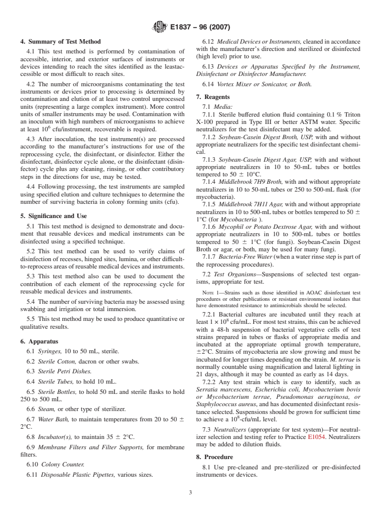 ASTM E1837-96(2007) - Standard Test Method to Determine Efficacy of Disinfection Processes for Reusable Medical Devices (Simulated Use Test)