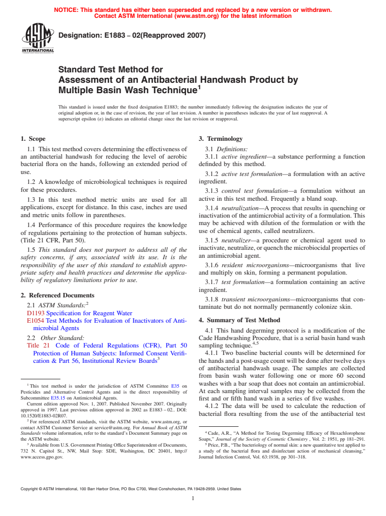 ASTM E1883-02(2007) - Standard Test Method for Assessment of an Antibacterial Handwash Product by Multiple Basin Wash Technique