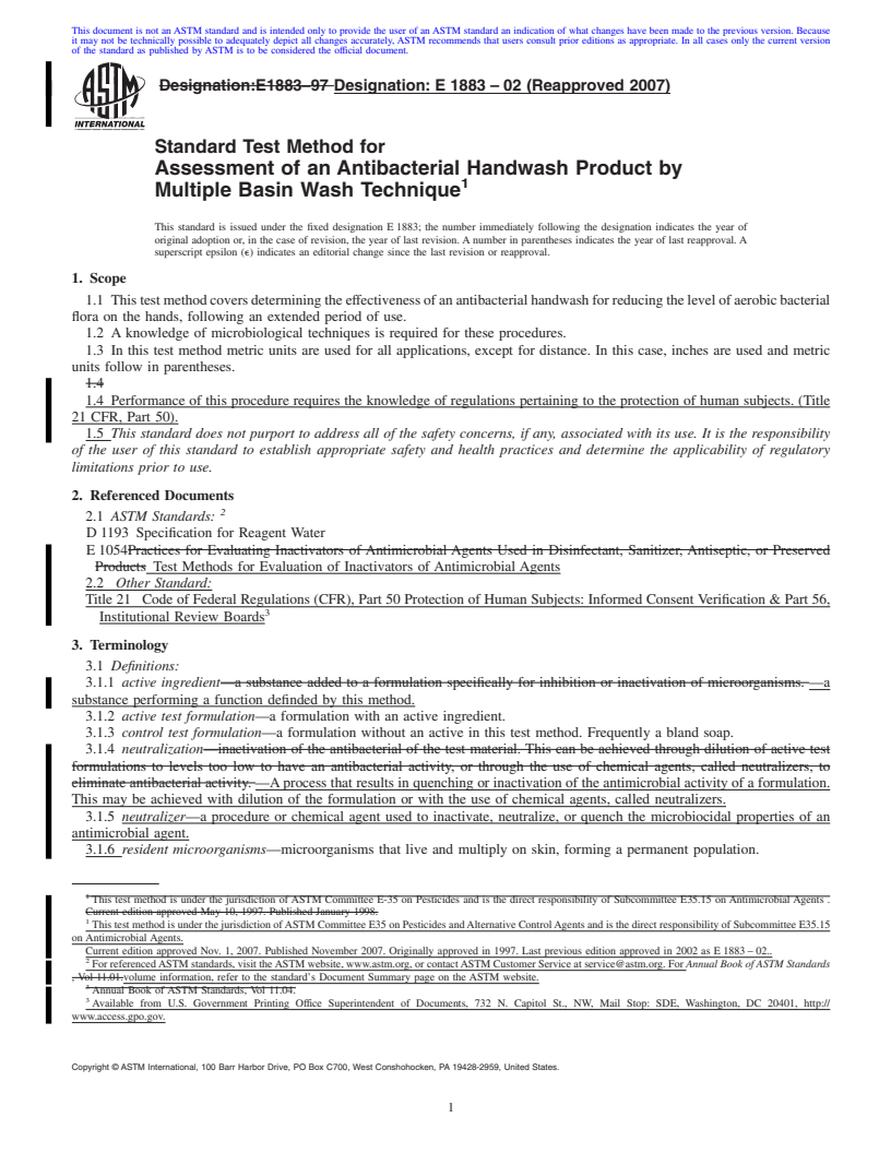 REDLINE ASTM E1883-02(2007) - Standard Test Method for Assessment of an Antibacterial Handwash Product by Multiple Basin Wash Technique