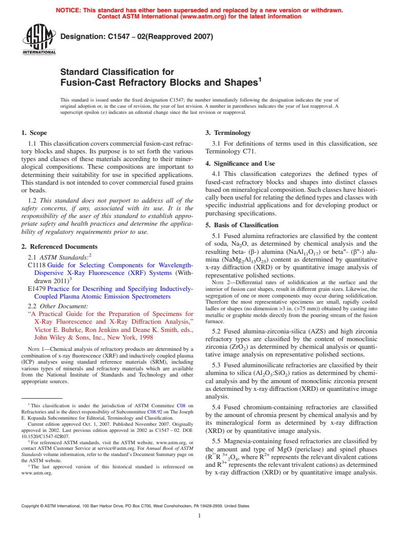 ASTM C1547-02(2007) - Standard Classification for Fusion-Cast Refractory Blocks and Shapes