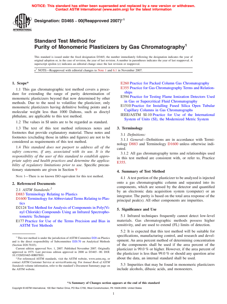 ASTM D3465-00(2007)e1 - Standard Test Method for Purity of Monomeric Plasticizers by Gas Chromatography