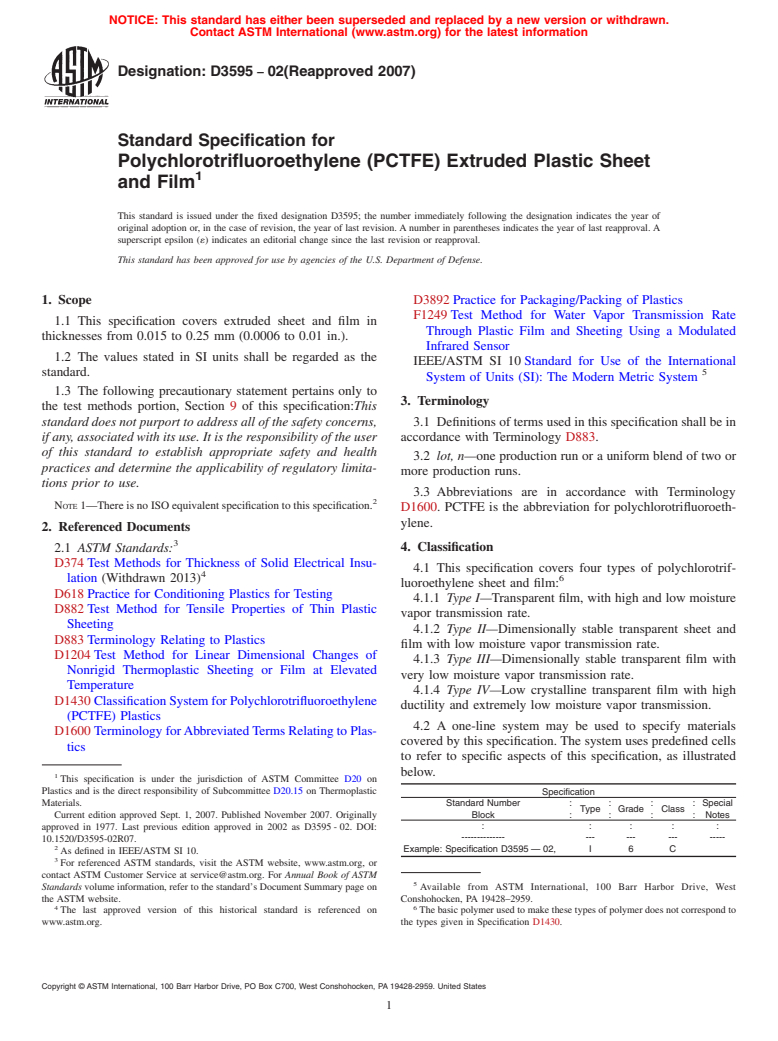 ASTM D3595-02(2007) - Standard Specification for Polychlorotrifluoroethylene (PCTFE) Extruded Plastic Sheet and Film