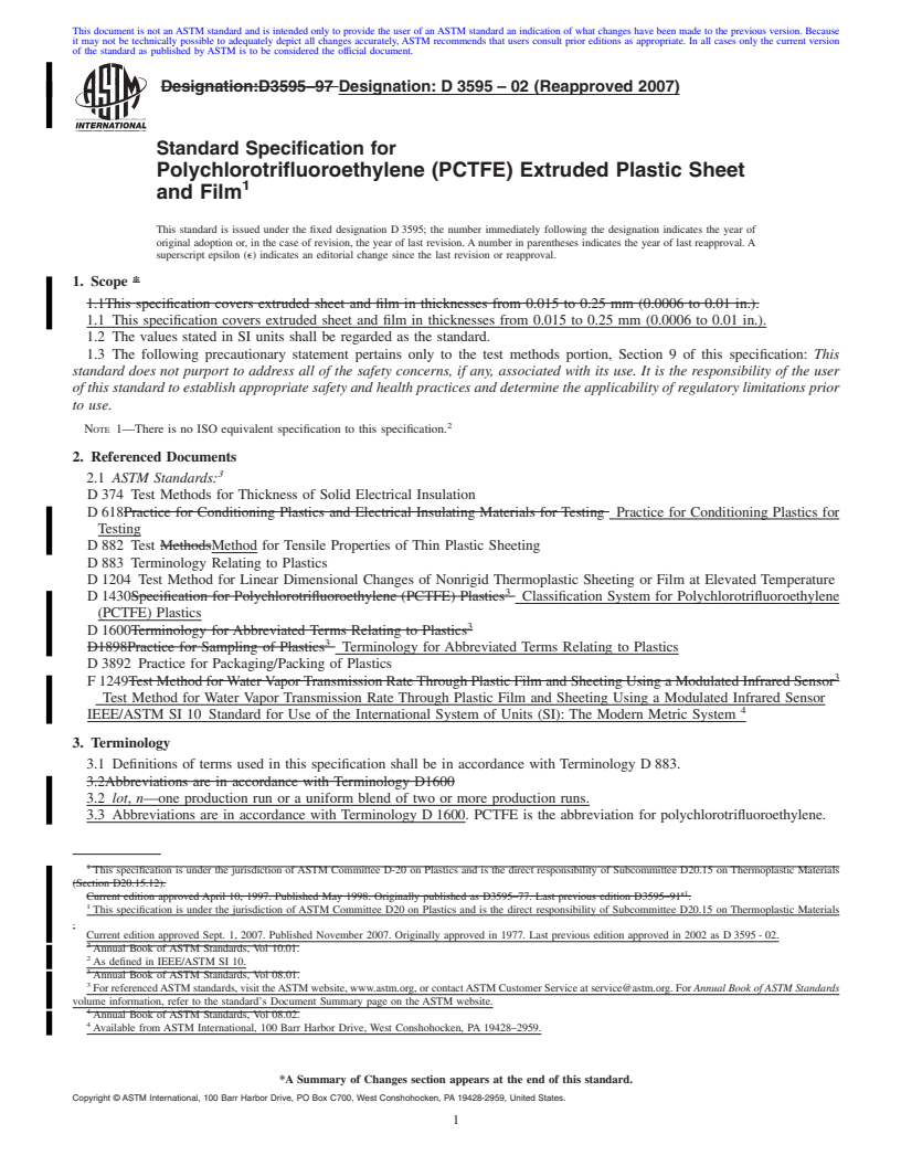 REDLINE ASTM D3595-02(2007) - Standard Specification for Polychlorotrifluoroethylene (PCTFE) Extruded Plastic Sheet and Film
