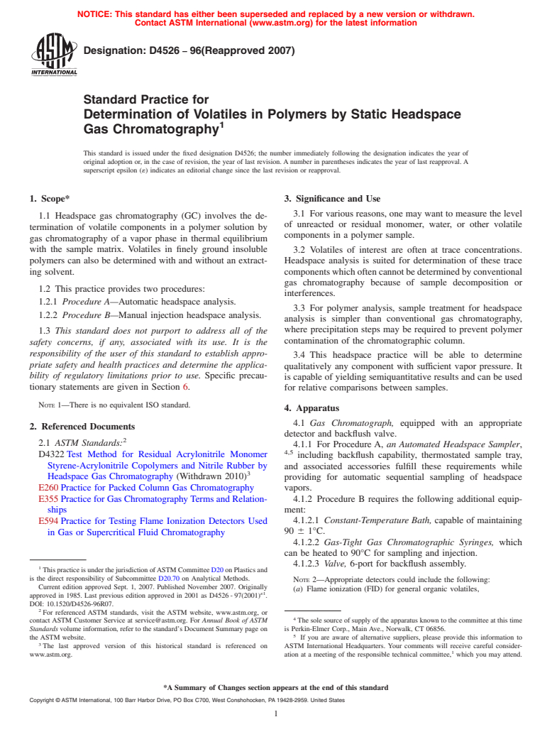 ASTM D4526-96(2007) - Standard Practice for Determination of Volatiles in Polymers by Static Headspace Gas Chromatography