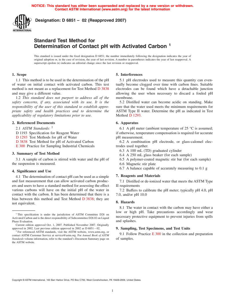 ASTM D6851-02(2007) - Standard Test Method for Determination of Contact pH with Activated Carbon