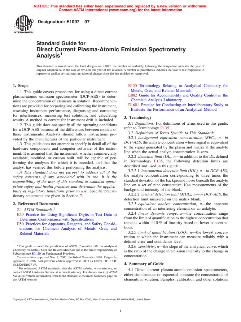 ASTM E1097-07 - Standard Guide for Direct Current Plasma-Atomic Emission Spectrometry Analysis