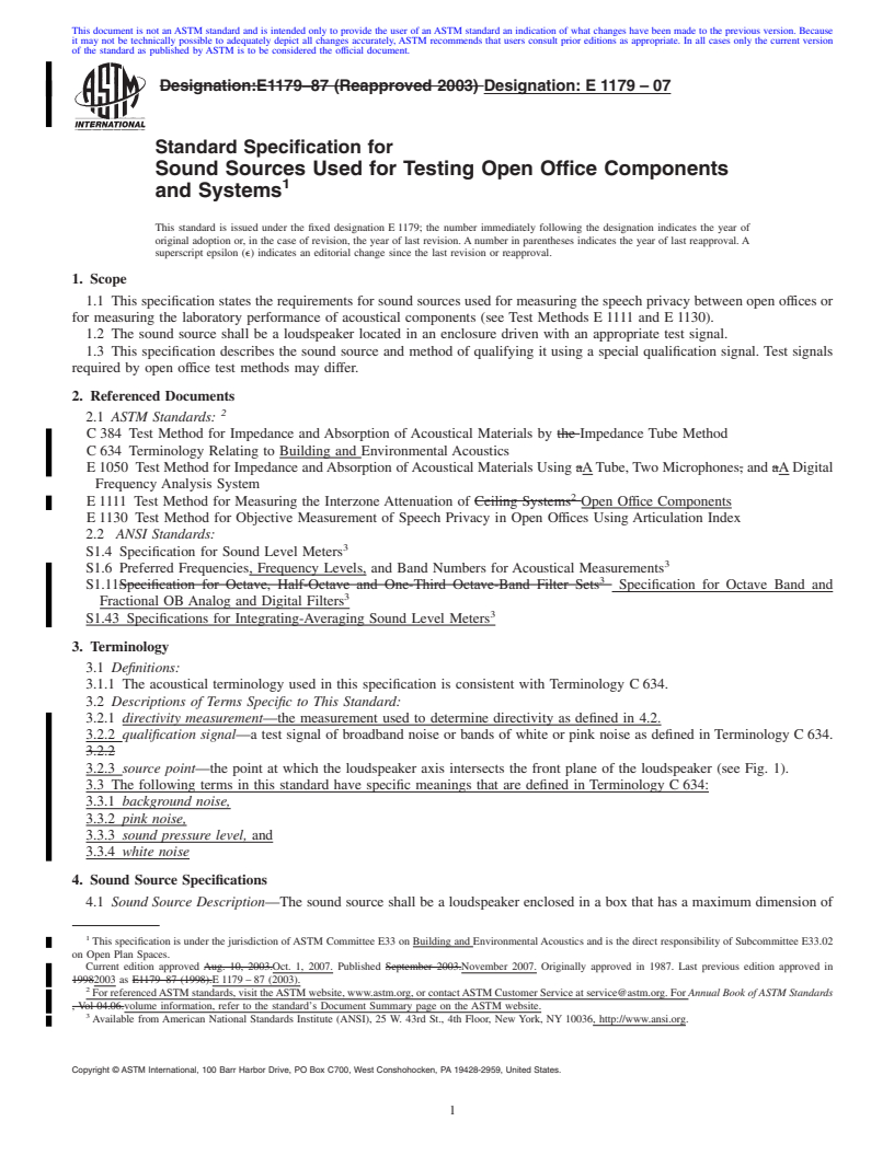 REDLINE ASTM E1179-07 - Standard Specification for Sound Sources Used for Testing Open Office Components and Systems