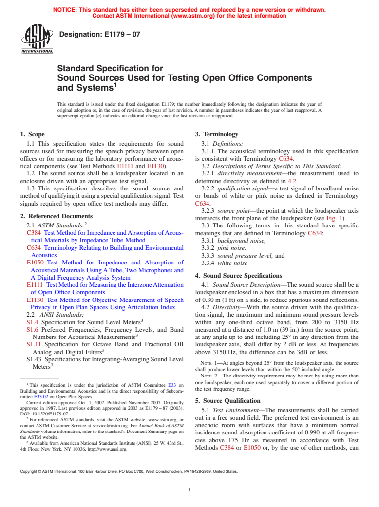 ASTM E1179-07 - Standard Specification for Sound Sources Used for Testing Open Office Components and Systems