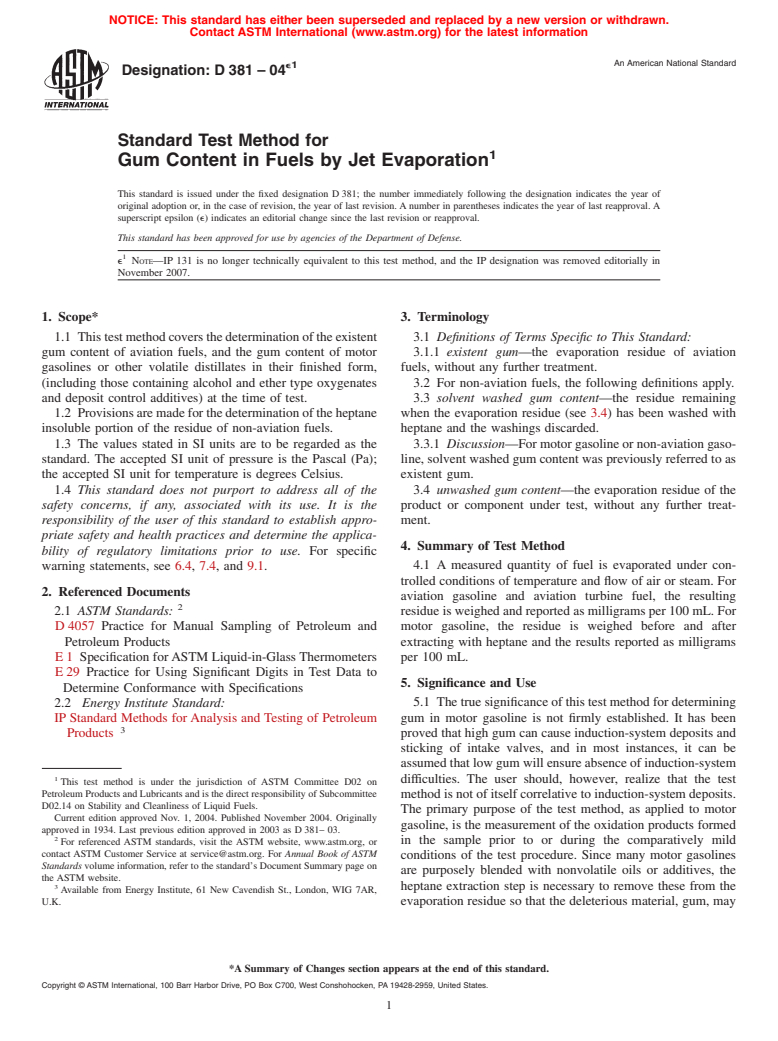 ASTM D381-04e1 - Standard Test Method for Gum Content in Fuels by Jet Evaporation