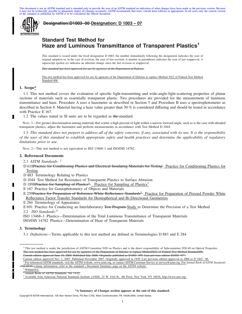 REDLINE ASTM D1003-07 - Standard Test Method for Haze and Luminous Transmittance of Transparent Plastics