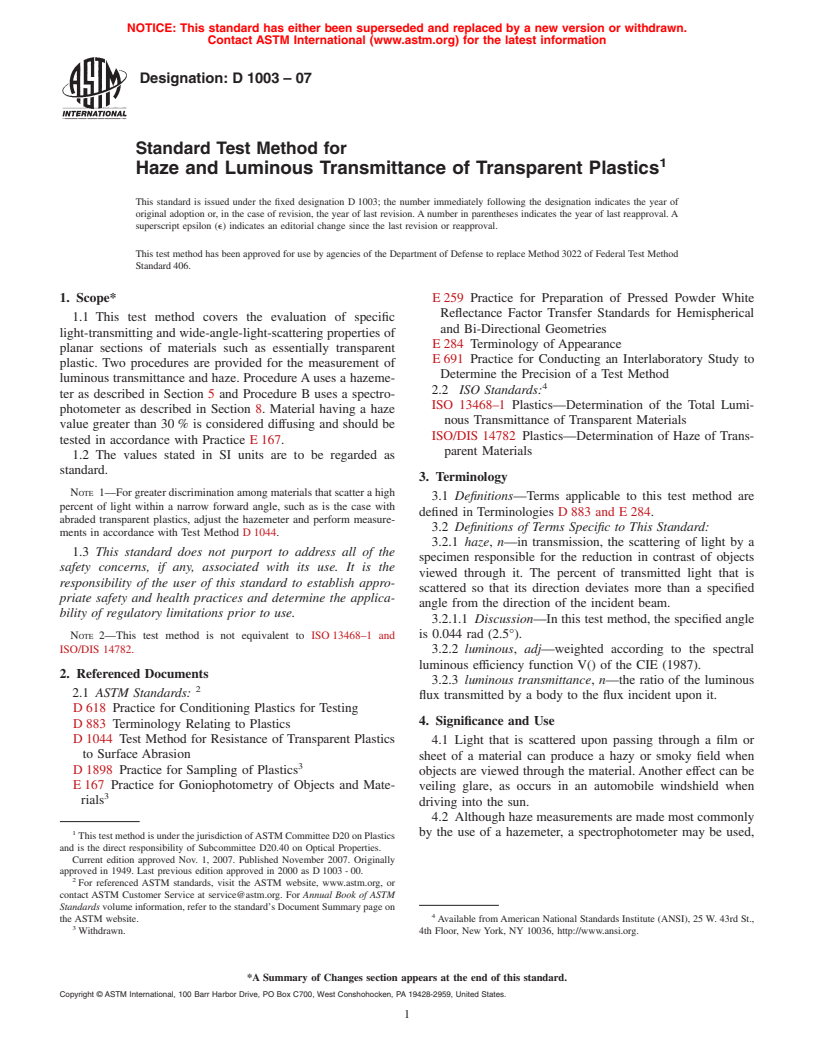 ASTM D1003-07 - Standard Test Method for Haze and Luminous Transmittance of Transparent Plastics