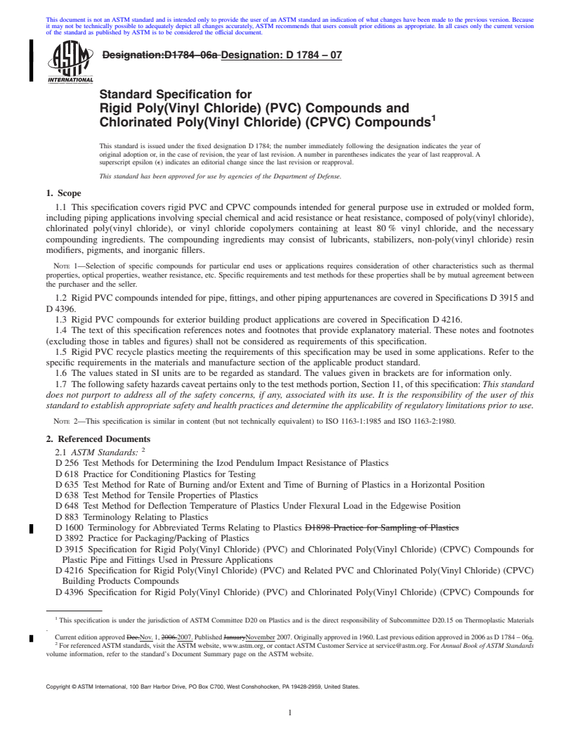 REDLINE ASTM D1784-07 - Standard Specification for Rigid Poly(Vinyl Chloride) (PVC) Compounds and Chlorinated Poly(Vinyl Chloride) (CPVC) Compounds