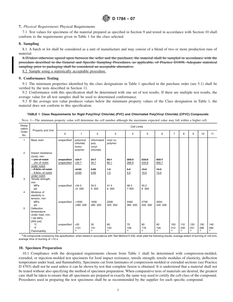 REDLINE ASTM D1784-07 - Standard Specification for Rigid Poly(Vinyl Chloride) (PVC) Compounds and Chlorinated Poly(Vinyl Chloride) (CPVC) Compounds