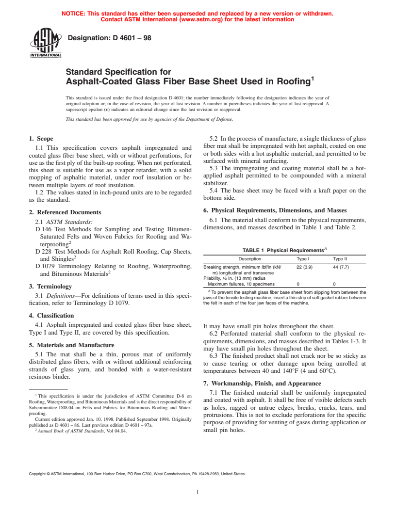 ASTM D4601-98 - Standard Specification for Asphalt-Coated Glass Fiber Base Sheet Used in Roofing