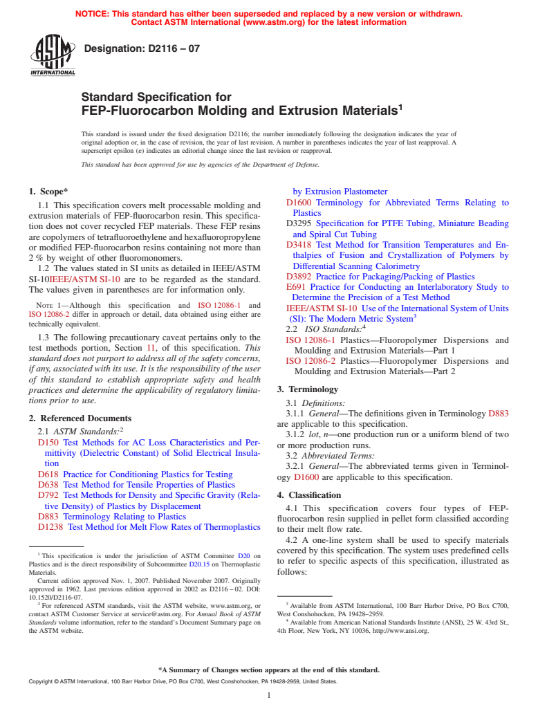 ASTM D2116-07 - Standard Specification for FEP-Fluorocarbon Molding and Extrusion Materials