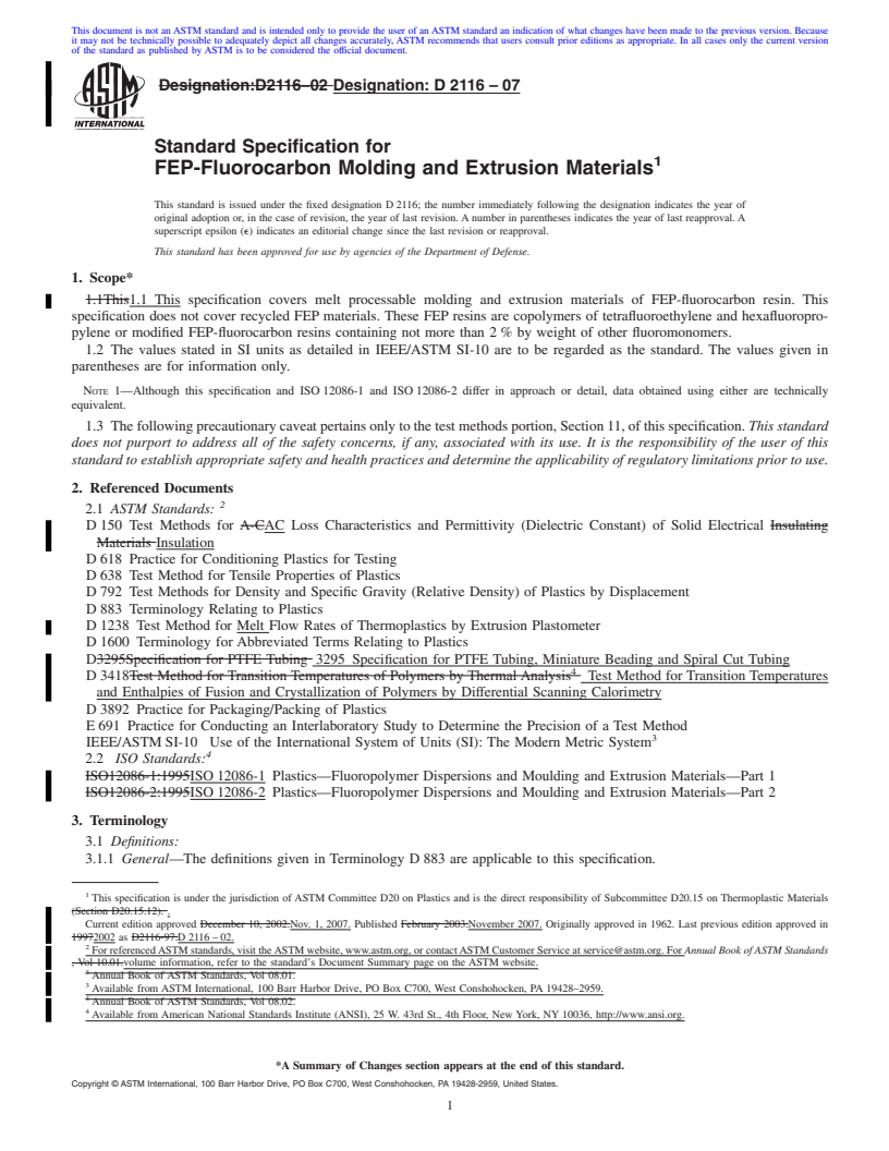 REDLINE ASTM D2116-07 - Standard Specification for FEP-Fluorocarbon Molding and Extrusion Materials