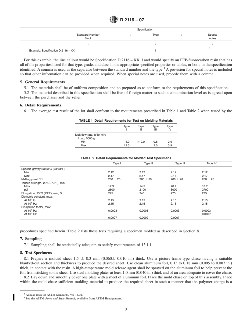 REDLINE ASTM D2116-07 - Standard Specification for FEP-Fluorocarbon Molding and Extrusion Materials