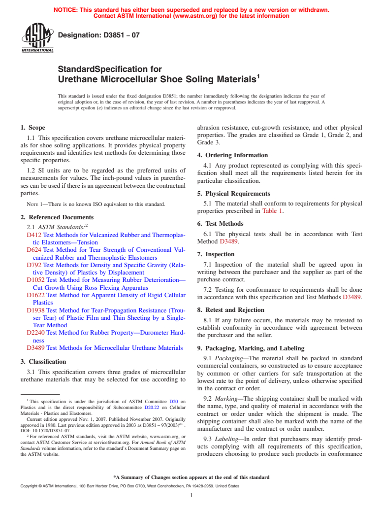 ASTM D3851-07 - Standard Specification for Urethane Microcellular Shoe Soling Materials