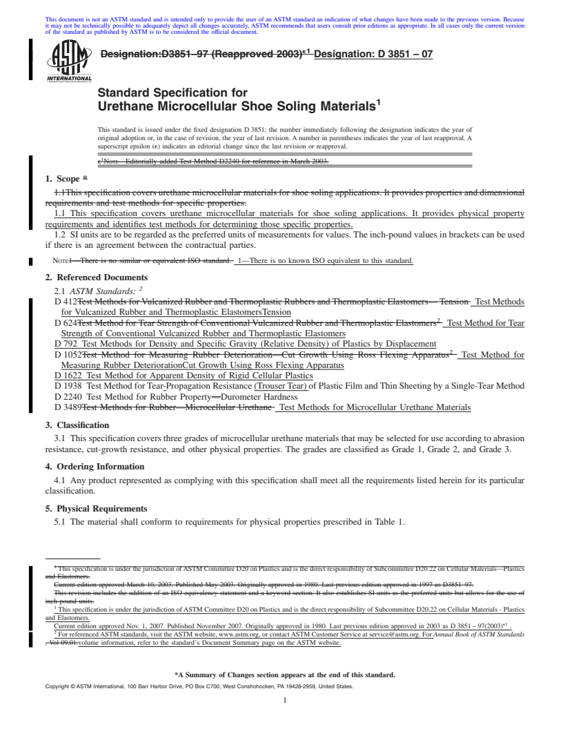 REDLINE ASTM D3851-07 - Standard Specification for Urethane Microcellular Shoe Soling Materials