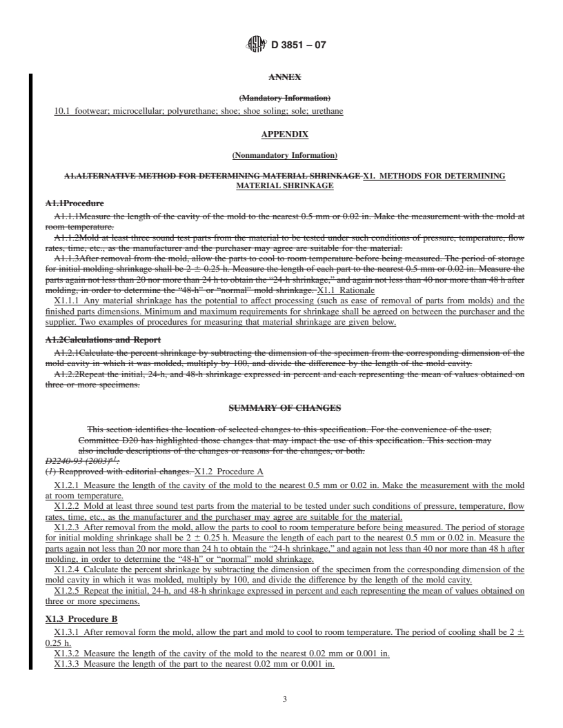 REDLINE ASTM D3851-07 - Standard Specification for Urethane Microcellular Shoe Soling Materials