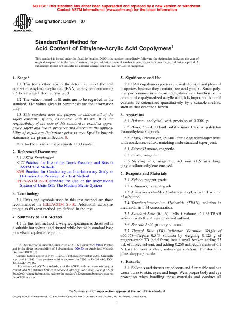 ASTM D4094-07 - Standard Test Method for Acid Content of Ethylene-Acrylic Acid Copolymers (Withdrawn 2015)