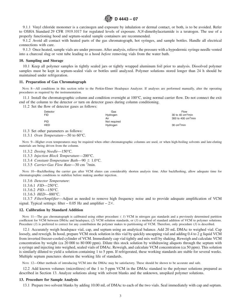 REDLINE ASTM D4443-07 - Standard Test Method for Determining Residual Vinyl Chloride Monomer Content in PPB Range in Vinyl Chloride Homo- and Co-Polymers by Headspace Gas Chromatography