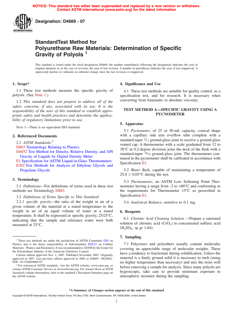 ASTM D4669-07 - Standard Test Method for Polyurethane Raw Materials: Determination of Specific Gravity of Polyols