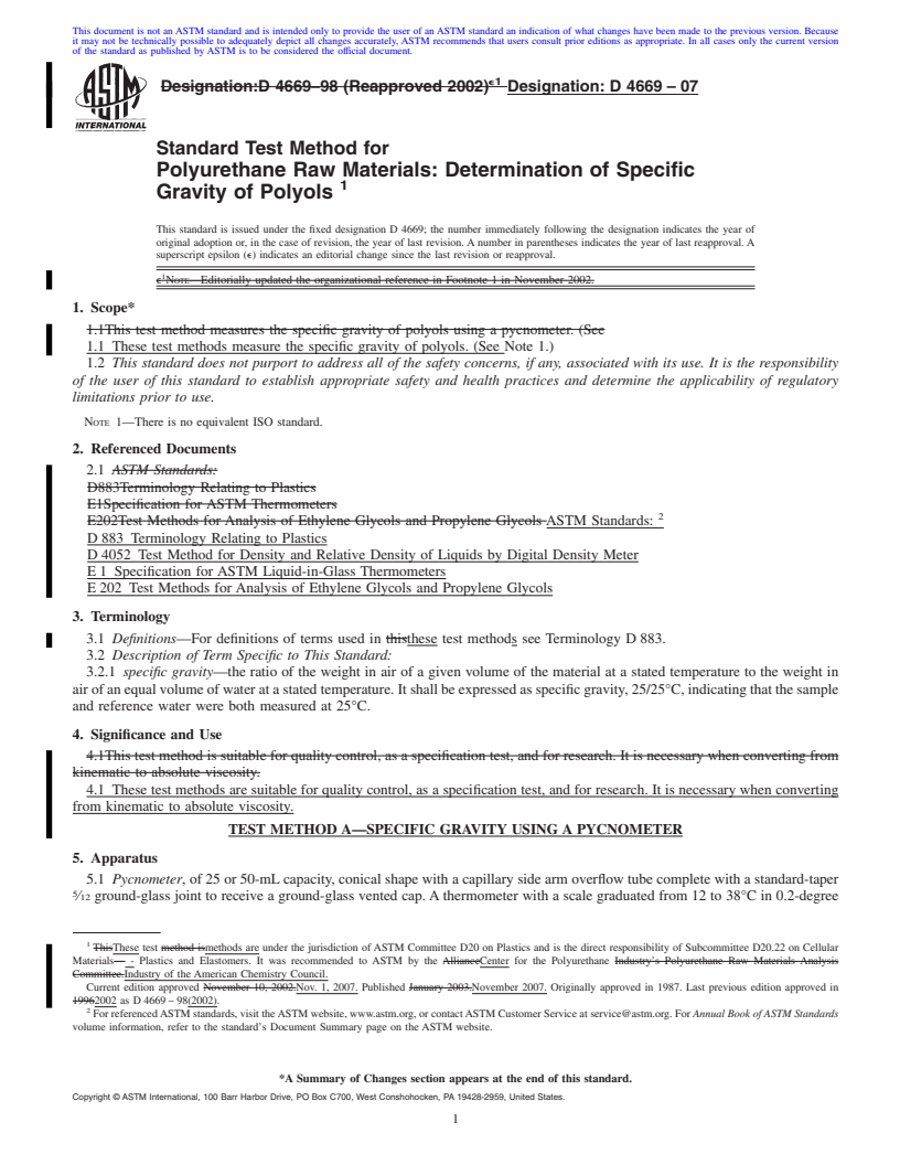 REDLINE ASTM D4669-07 - Standard Test Method for Polyurethane Raw Materials: Determination of Specific Gravity of Polyols