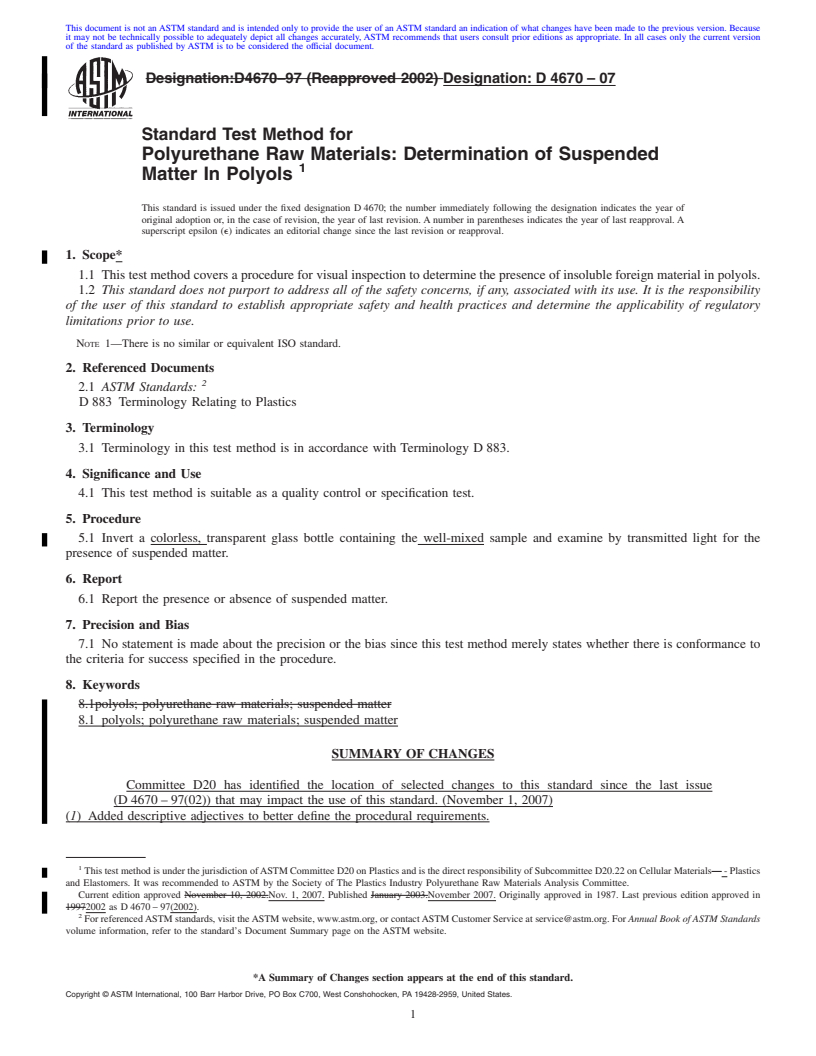 REDLINE ASTM D4670-07 - Standard Test Method for Polyurethane Raw Materials  Determination of Suspended Matter In Polyols